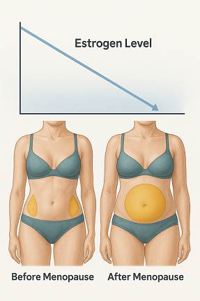 Diagram of how estrogen loss shifts fat storage to the abdomen during menopause