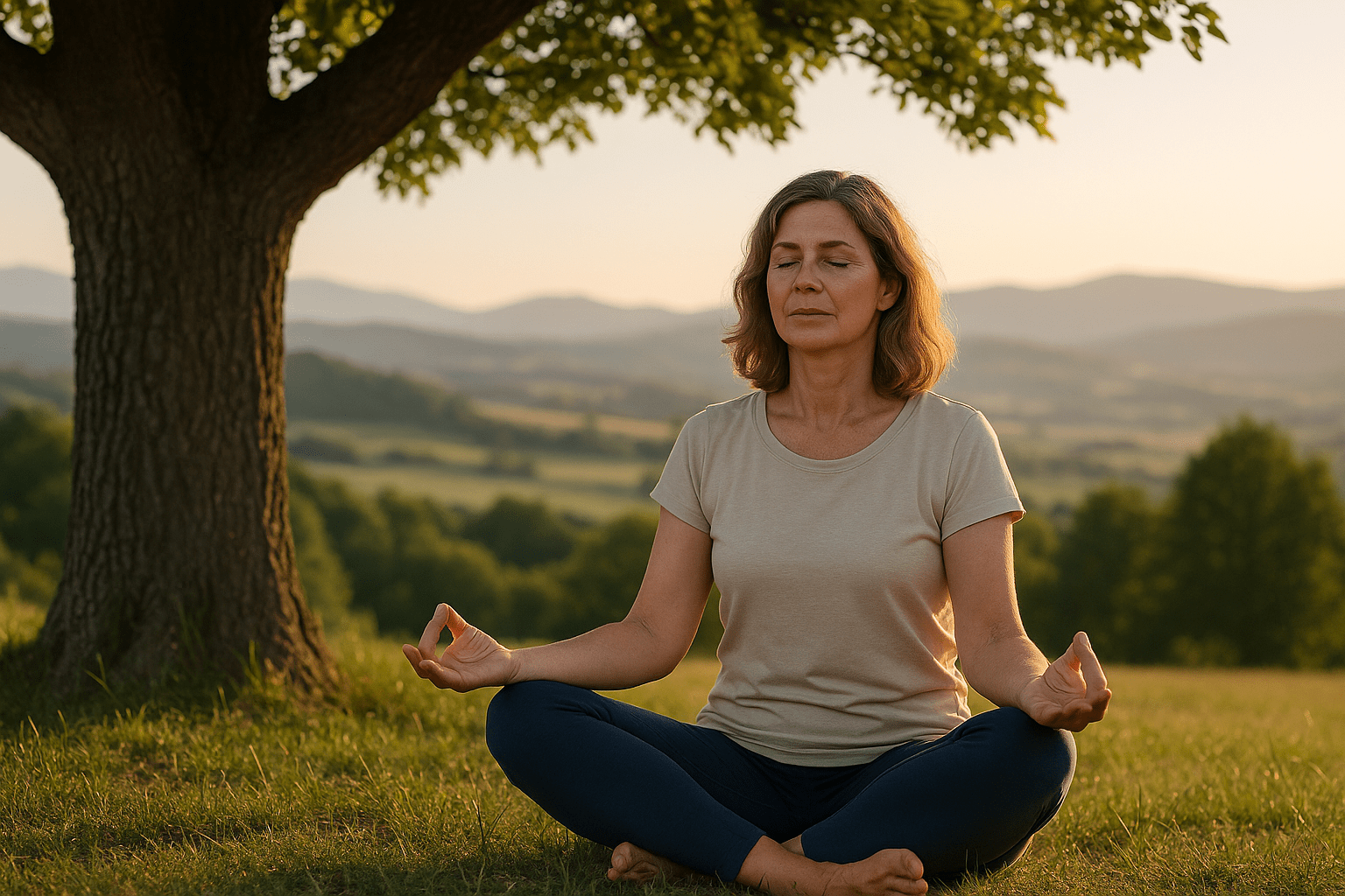Woman practicing stress relief to lower cortisol and prevent belly fat