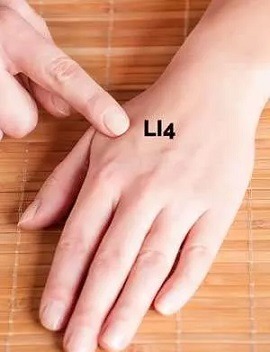 LI4 (Large Intestine 4) acupressure point located on the back of the hand between thumb and index finger