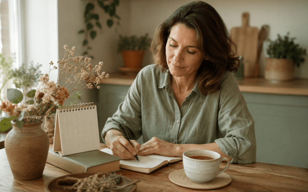 Woman writing in a symptom journal during perimenopause to track irregular periods