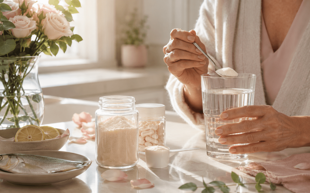 Collagen supplements in menopause: natural ingredients and powder on a bright countertop